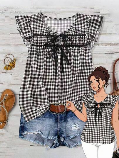 SHEIN LUNE 大码圆领短袖荷叶边下摆格子系带休闲衬衫