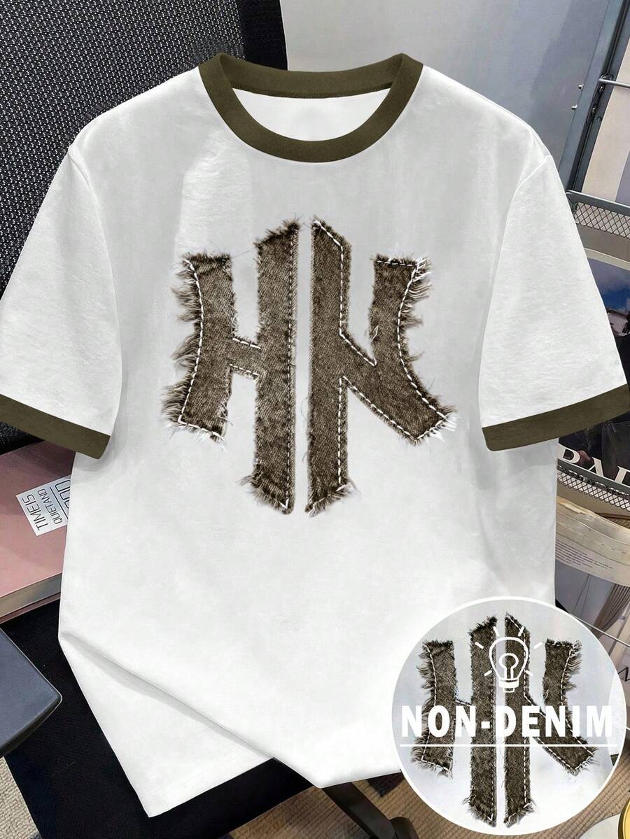 Manfinity Hypemode Street Style Faux Denim Patchwork Print Contrast Color Short Sleeve Casual, Minimalist Elegant Basic Round Neck T-Shirt - White - View 1