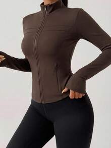 运动跑步瑜伽修身长袖外套 - 咖啡棕 - 查看 5
