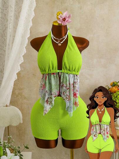 Zestiva Conjunto de bikini de talla grande con estampado floral y escote halter, traje de baño casual para vacaciones