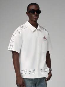 STYNVO Men's Casual Fashion Street Daily Commute Rhinestone Patchwork Dropped Shoulder Loose Shirt, Summer - White - View 5