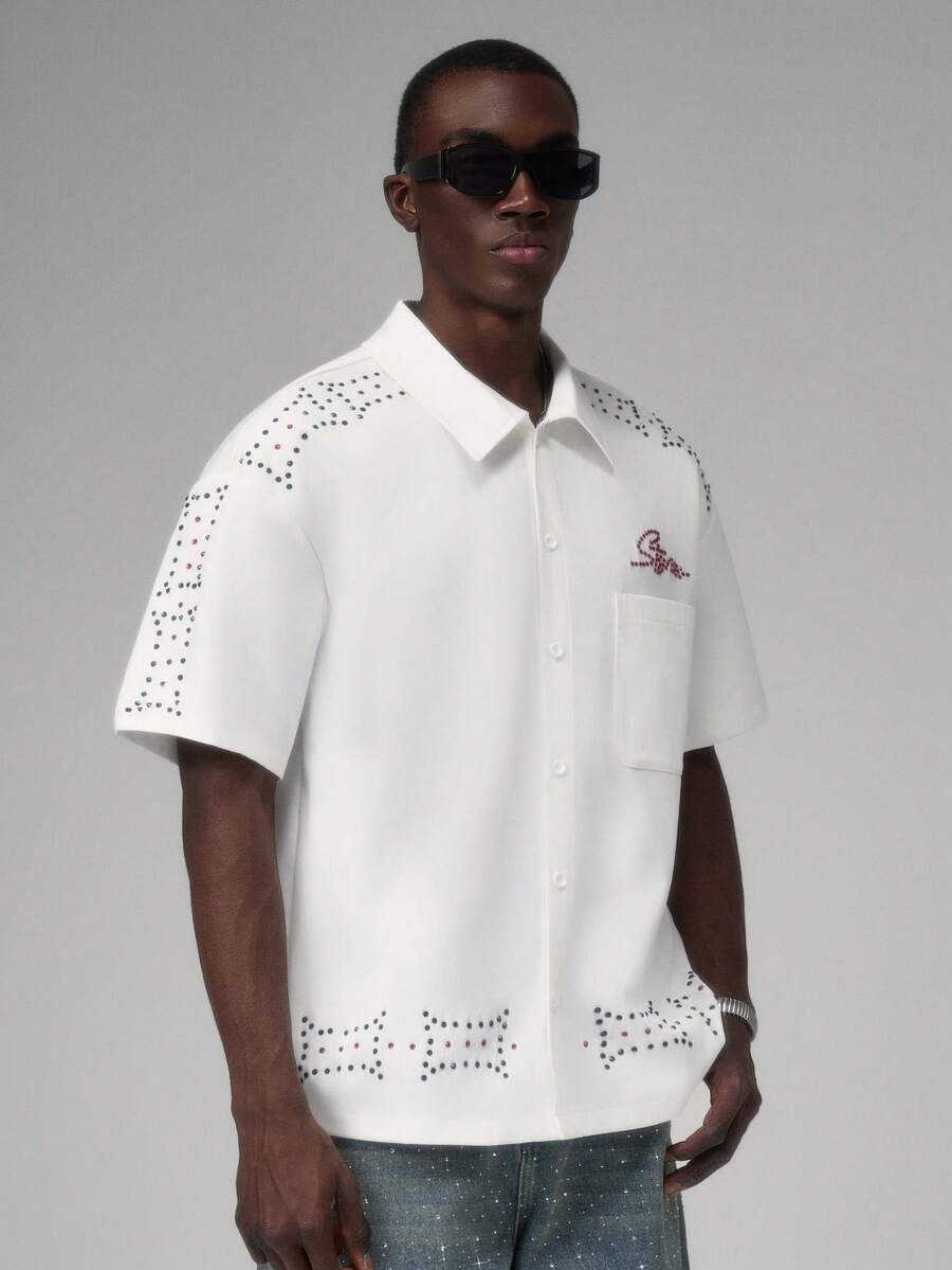 STYNVO Men's Casual Fashion Street Daily Commute Rhinestone Patchwork Dropped Shoulder Loose Shirt, Summer - White - View 1