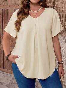 EMERY ROSE Plus Size V-Neck Ruched White Summer Short Sleeve Casual Solid Dressy Top,Women's Smart Casual Office Outfits,Simple Fashionable Everyday Wear Tops - Apricot - View 4