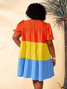 BrightlyHer Robe courte casual à manches bouffantes et blocs de couleurs pour femmes grandes tailles, printemps - Multicolore - Voir 5