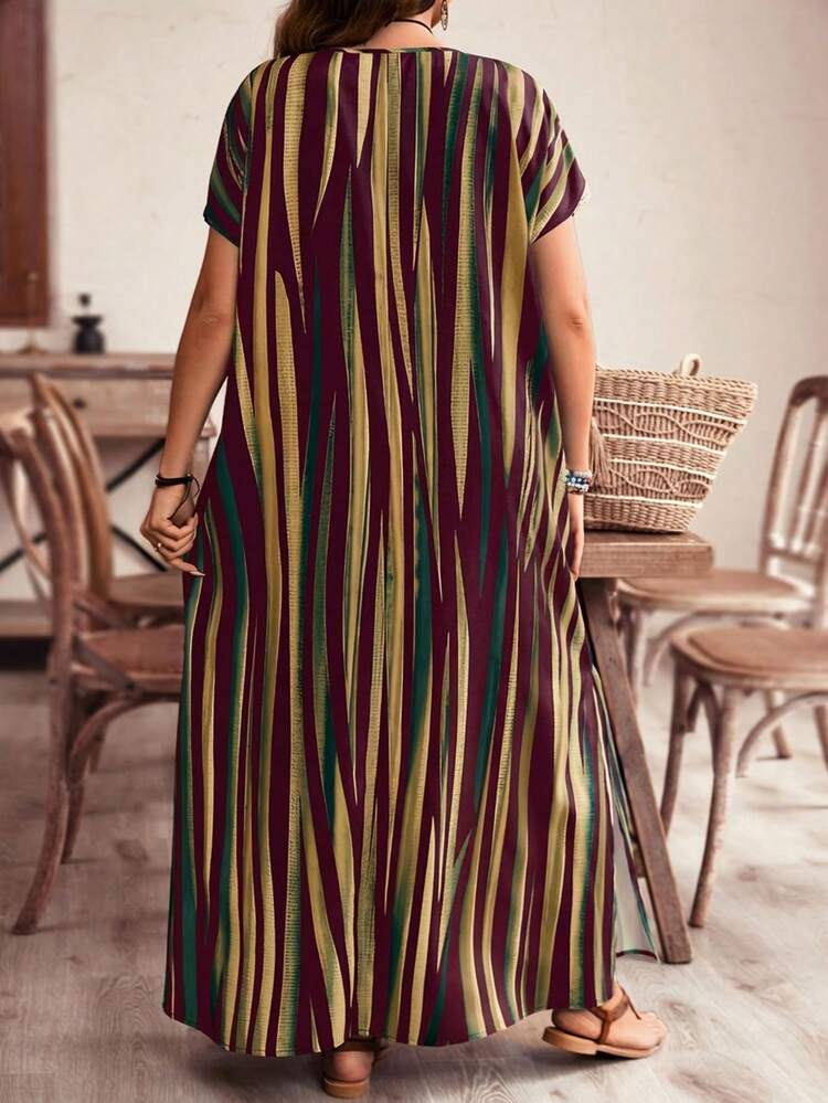 Plus Size Women's Striped Color Block Side Reflected Color Striped Maxi Long Beach Dress For Vacation Women's Summer Dresses Women Holiday Dress Summer Dress Summer Outfits Summer Clothes Spring Dress Spring Outfit Women Spring Clothing Country Style For Women Country Dress For Women Vacation Outfits Women Festival Outfits For Women Beach Outfits For Women