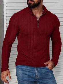 Manfinity CasualCool Men's Solid Color Zip-Up Half Placket Long Sleeve Ribbed T-Shirt, Autumn Men Zip Up Shirt Men Sweater Top Burgundy Top For Men Knitted Men Shirt Red Tops For Men Old Money,Daily Leisure, Weekend Trips, Outdoor Activities, Travel Expeditions, Relaxed Work Environments Or Semi-Formal Occasions,Boyfriend/Husband Gift, Anniversary Gift Christmas - Burgundy - View 5