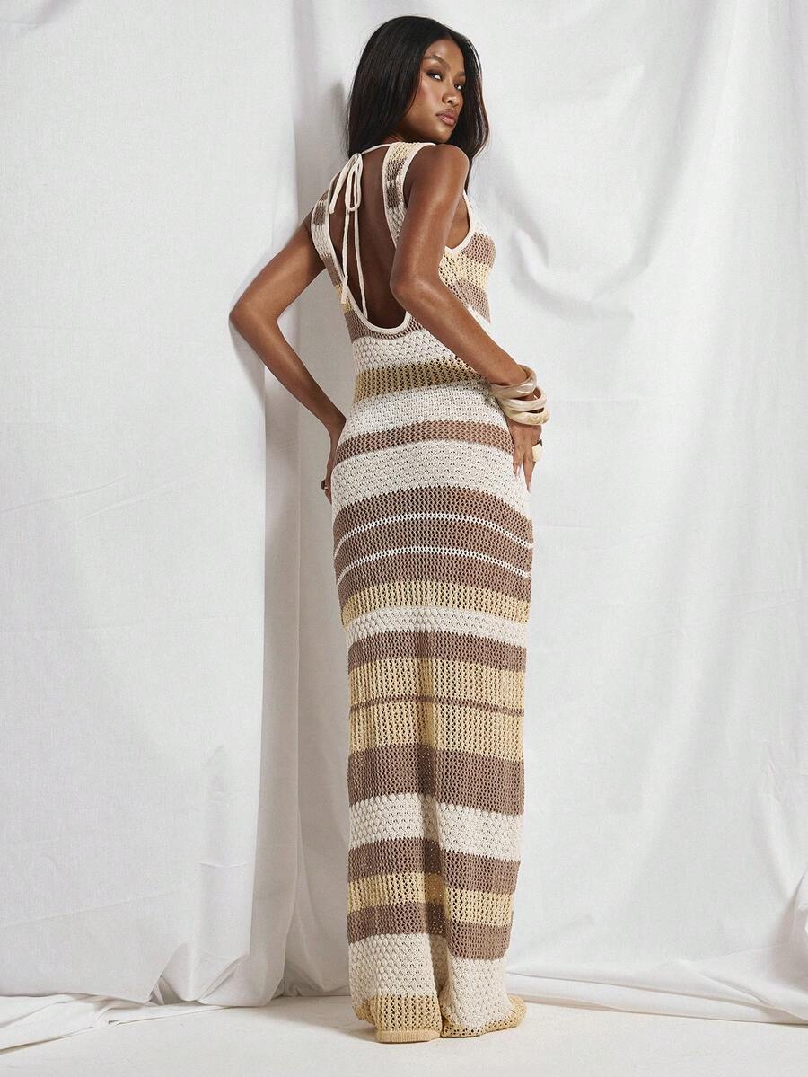 MUSERA Striped Crochet Scoop Open Tie Back Floor Length Maxi Dress Cute Holiday Sexy Night Out Vacation Spring Summer Elegant Soleil Drape - Multicolor - View 1