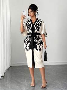 Elenzga Vestido ajustado de mujer con cuello en V, mangas de murciélago y apertura frontal, elegante y de moda - Albaricoque - Ver 1