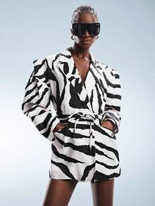 GENKIRA 动物纹印花黑白斑马纹图案宽松宽肩修身简约设计收腰可调节腰带休闲通勤时尚混搭女式西装外套 - 黑與白 - 查看 3