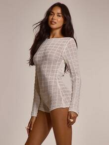 MUSERA 斜领针织图案长袖修身迷你短款连体裤，可爱春夏性感外出海滩度假蜜月装 - 奶油色 - 查看 3