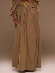 MUSERA Linen Low Rise Trim Detail Gathered Loose Fit Maxi Skirt Spring Summer Vacation Beach Elegant Ibiza Festival Holiday Tajine Party - Brown - View 4