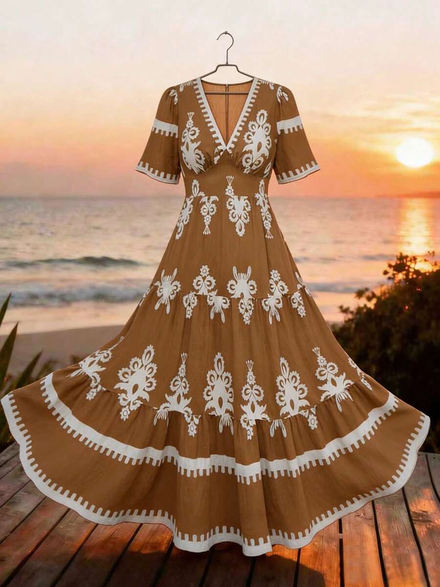 SHEIN Clasi Đầm dự tiệc cỡ lớn cho nữ, cổ chữ V, in hoa, thanh lịch, thắt eo, đầm hè cho nữ, đầm đi nghỉ mát cho nữ, đầm hè phong cách Boho cho nữ, đầm Boho màu nâu cho nữ, đầm kiểu Tây Ban Nha, đầm vintage cho nữ, đầm hè cho nữ, đầm quấn cho nữ, đầm phong cách Bohemian cho nữ, đầm đi nghỉ mát cho nữ. - Màu Khaki - Xem 1