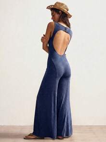 Bohemela Solid Color Knit Backless Sleeveless Wide Leg Jumpsuit For Women Bohemian Outfits Women Summer - Dusty Blue - View 5