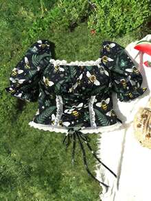 Sweetra Áo kiểu Pháp cổ vuông, tay áo cánh hoa phối ren tương phản, thắt eo điều chỉnh được, dành cho phụ nữ cỡ lớn. - Nhiều màu - Xem 1