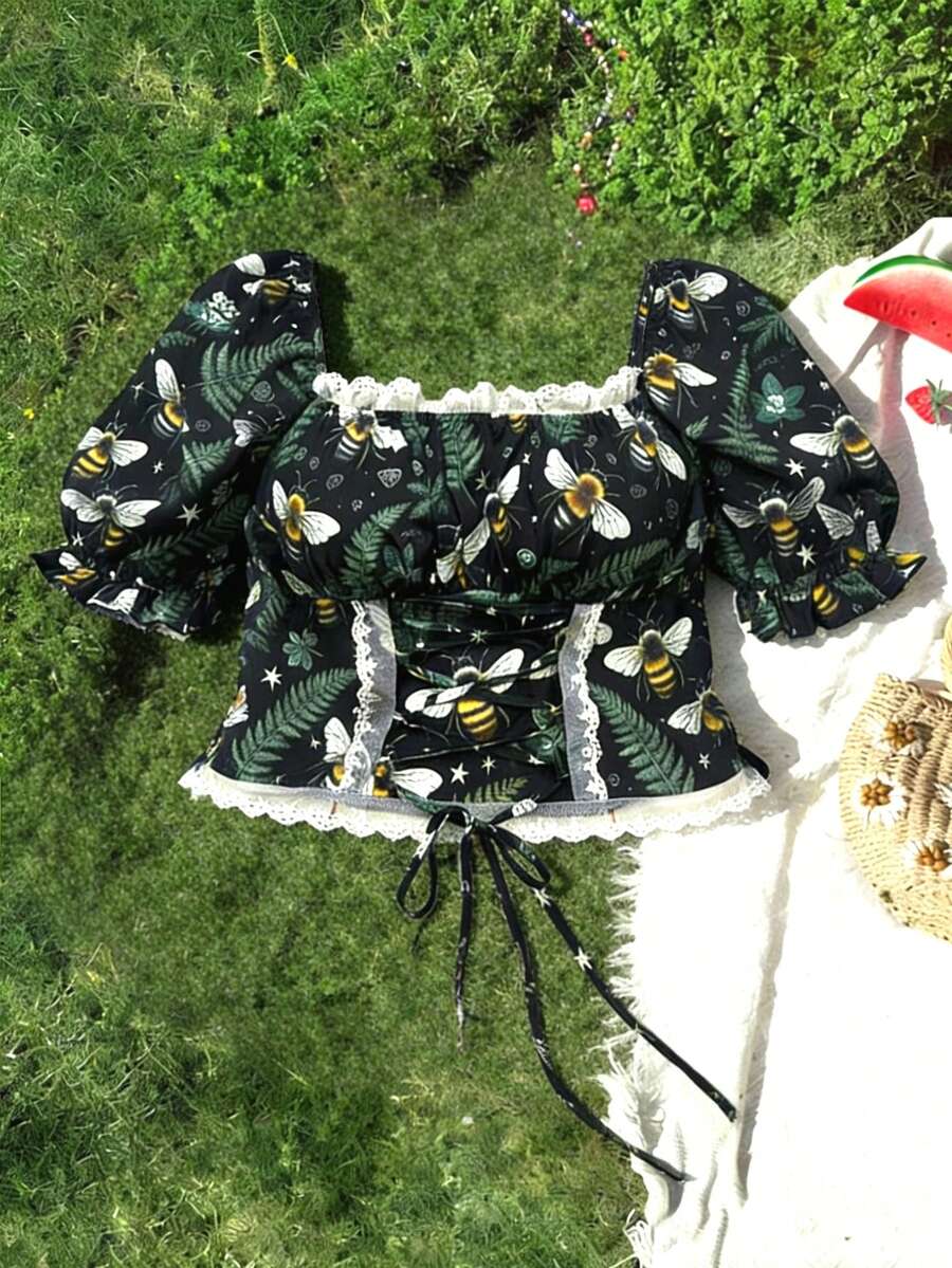 Sweetra Áo kiểu Pháp cổ vuông, tay áo cánh hoa phối ren tương phản, thắt eo điều chỉnh được, dành cho phụ nữ cỡ lớn. - Nhiều màu - Xem 1