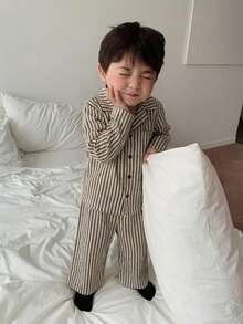 DAZY 两件套男童条纹韩版衬衫和宽松裤子睡衣套装 - 卡其色 - 查看 3