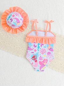 新生女童连体泳衣，细肩带蝴蝶结装饰泳衣，针织涤纶数码印花蝴蝶结图案泳衣，附赠帽子，可爱海边泳衣，适合新生女童 - 彩色 - 查看 2