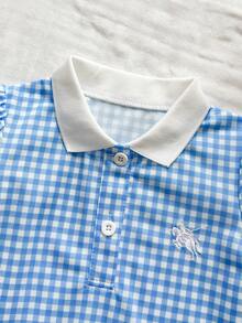 SHEIN Vintaside Kids 1 chiếc đầm ngắn tay kẻ caro cổ polo in hình cầu vồng dáng suông cho bé gái - Màu xanh lam - Xem 5