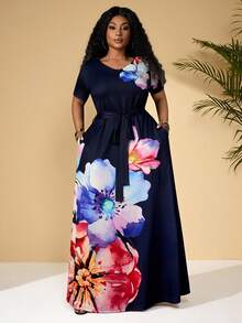 BrightlyHer Đầm ngắn tay dáng suông họa tiết hoa dành cho nữ cỡ lớn, kiểu dáng thường ngày, thắt eo, thích hợp cho kỳ nghỉ. - Nhiều màu - Xem 3