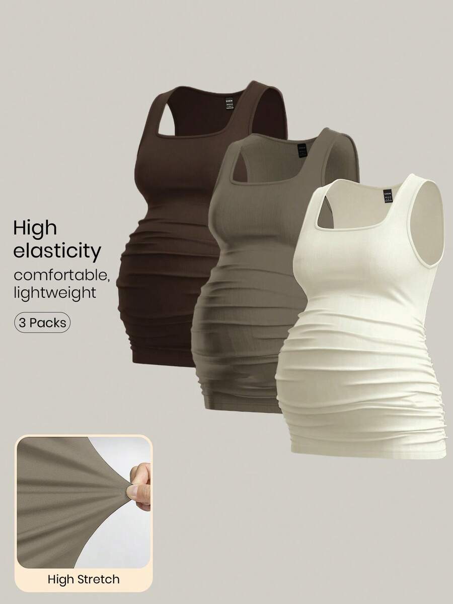 Modmama 3pcs Maternity Women's Solid Color Slimming Tank Tops, Casual & Simple, Perfect For Summer - Brown - View 1