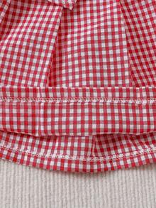 SHEIN Playful Pals 两件套女童休闲3D立体花卉荷叶边泡泡袖卫衣上衣搭配红色格子百褶裙，纽扣设计，适合夏季休闲户外穿着 - 紅色 - 查看 4