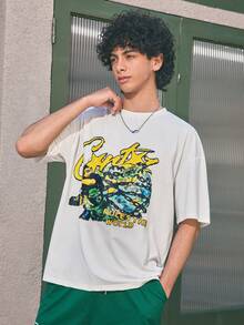 Open Phase Men's Oversized Casual Versatile Simple Fashion Printed Short Sleeve T-Shirt, Spring/Summer , Retro American, Unisex, Relaxed Fit Summer Outfits – Suitable For Everyday Wear And Summer Holiday Outfits. - White - View 5