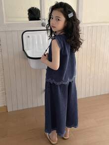 Dazy Kids 少女夏季休闲度假风刺绣无袖宽松牛仔上衣和阔腿牛仔裤套装 - 深色水洗藍 - 查看 5