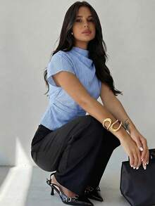 Firerie Wrinkled Collar Asymmetrical Sleeve Side Ruched Cinched Waist Commuter Apricot Bamboo Fiber Linen Blouse For Women,Blue And White Striped Long Sleeve Tie-Waist Shirt - Casual Commuter Vacation Blouse, Cinched Waist Elegant Bohemian Top, All Season - Blue and White - View 10