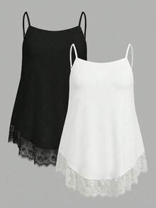 SHEIN EZwear 大码女装两件套纯色撞色蕾丝吊带背心套装，蕾丝吊带背心，优雅上衣，吊带背心，女士无袖上衣，大码吊带背心，女士细肩带上衣，女士吊带背心，夏季女装上衣 - 黑與白 - 查看 1