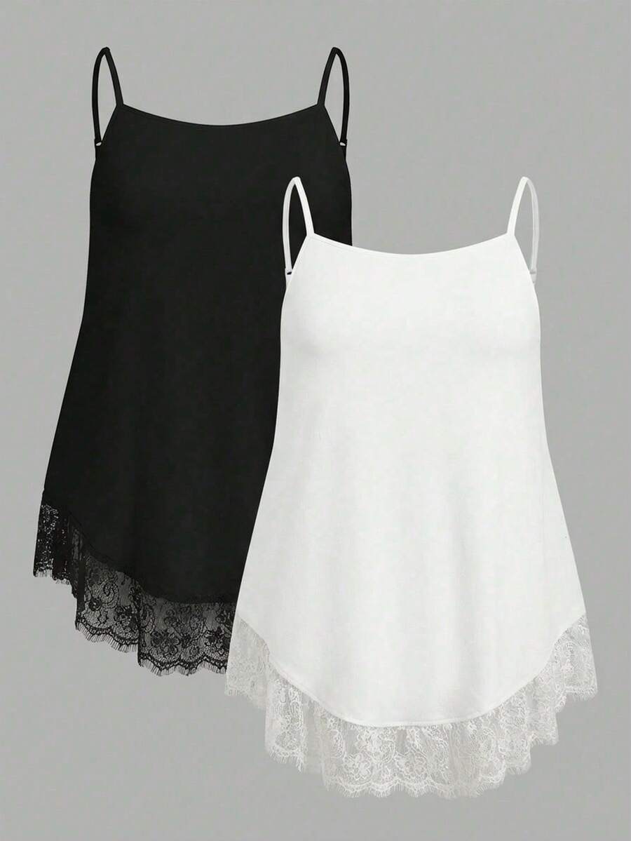 SHEIN EZwear 大码女装两件套纯色撞色蕾丝吊带背心套装,蕾丝吊带背心,优雅上衣,吊带背心,女士无袖上衣,大码吊带背心,女士细肩带上衣,女士吊带背心,夏季女装上衣 - 黑與白 - 查看 1