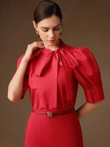 Anewsta 女士春季蝴蝶结泡泡袖优雅衬衫 - 紅色 - 查看 5