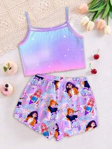 SHEIN 两件套女童时尚韩流女团字母星形印花套装，彩色卡通人物印花，渐变扎染，韩流粉丝礼物，音乐，时尚男女童装，风格，姐妹装，吊带背心和短裤夏季两件套，韩流，Y2K，粉色，儿童舒适，儿童日常时尚，儿童套装，夏季服装，卡通图案，粉色，Blossom Vogue，秋季新款，价格实惠的时尚 - 彩色 - 查看 2