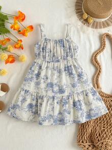 Travachic KIDS Đầm hè phong cách Bohemian in hoa cho bé gái, viền bèo nhún. - Xanh và trắng - Xem 2