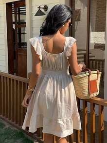 SHEIN Frenchy Đầm hè mới, kiểu dáng thanh lịch và tinh tế với tay áo bồng bềnh, điểm xuyết viền bèo nhún và họa tiết ren, phù hợp cho mặc hàng ngày, đi làm, dự tiệc, đi học, uống trà chiều, hẹn hò và các dịp khác. - Màu be - Xem 2