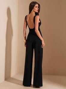 SHEIN BAE Bộ jumpsuit đen hai dây hở lưng, đồ lót nữ thanh lịch, trang phục hẹn hò hàng ngày, trang phục đi chơi, trang phục dự tiệc, jumpsuit ống rộng bất đối xứng, jumpsuit ngày Valentine, jumpsuit thường ngày, jumpsuit duyên dáng - màu đen - Xem 7