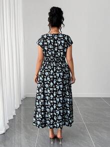 Elenzga Đầm thanh lịch tay ngắn in hoa dành cho nữ cỡ lớn - Màu xanh lam - Xem 2
