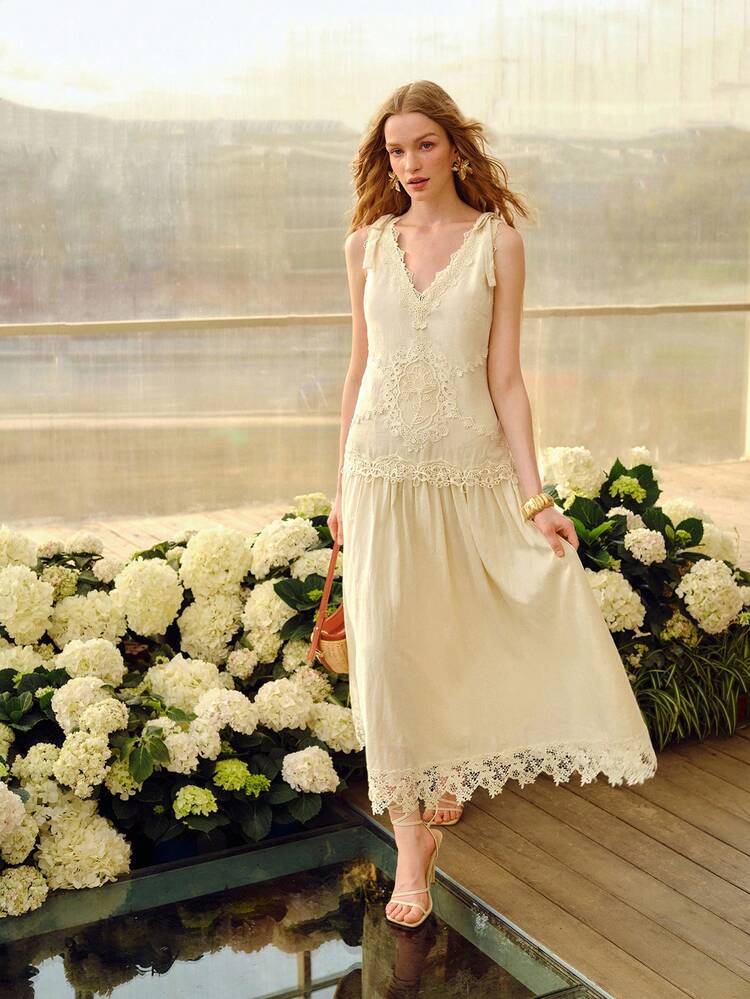 WOMEN'S ELEGANT ROMANTIC LACE EMBROIDERED SPLICE MID-LENGTH LINEN BLEND DRESS, SPRING/SUMMER