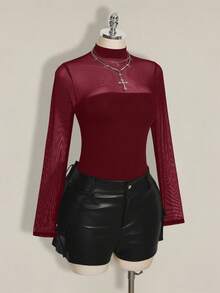 SHEIN ICON Mono de malla con parches sexy de talla grande Y2K - Burdeos - Ver 8