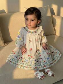 Babygirl Casual Cute Floral Pattern Ruffle Hem Long Sleeve Dress - Multicolor - View 10