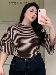 Dazy Plus Plus Size Striped 3/4 Flare Sleeve Brown T-Shirt, Plus Size, Spring/Summer - Brown - View 1
