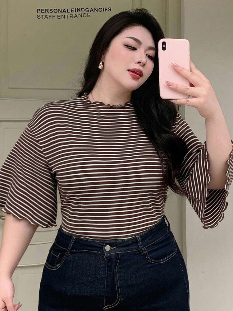 Dazy Plus Plus Size Striped 3/4 Flare Sleeve Brown T-Shirt, Plus Size, Spring/Summer