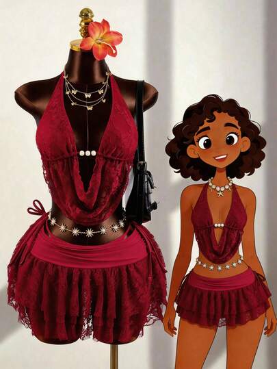 Zestiva Bộ đồ bơi 3 mảnh cao cấp màu đỏ ren cổ chữ V khoét sâu, thích hợp cho mùa xuân/hè 26SS.