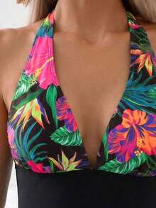 Swim Lushoire 2026 Spring/Summer Special Fabric Brown Halter Backless Pleated Deep V-Neck Fitted Elegant One-Piece Swimsuit For Women - Multicolor - View 4