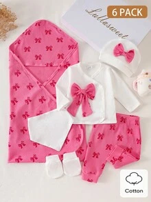 SHEIN 6 Packs Newborn Baby Girl Gift Set Cute Bow Top Pants Hat Socks Blanket White And Red Newborn Clothes Set For Autumn Baby Shower - Hot Pink - View 3