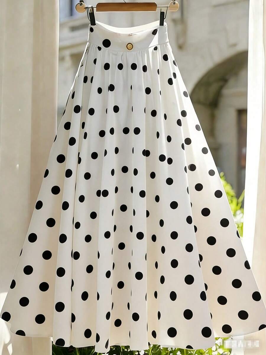 SHEIN Franclia Elegant Commuting & Everyday All-Match Versatile Polka Dot Flared Long Skirt For Women Polka Dot Midi Skirt Elegant Polka Dot Skirt Black Polka Dot Skirt Skirt Midi - White - View 1