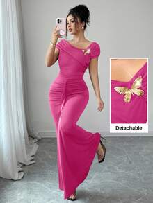 Modelyn Asymmetric Metal Buckle Decor Pleated Fitted Elegant Dress For Women - Hot Pink - View 3