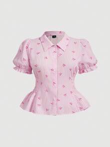 SHEIN MOD 大码女式蝴蝶结条纹腰衬衫 - 粉色 - 查看 6