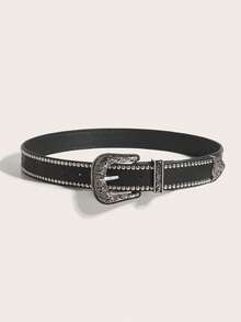 Whyspr 1 件女士纯色 PU 皮革休闲复古可爱朋克摇滚风格铆钉腰带，适合所有季节夏季、学校秋季、秋季、万圣节 - 黑色 - 查看 5