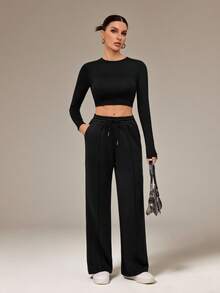 SHEIN Tall Black Drawstring Waist Oblique Pocket Casual Women Sports Pants - Black - View 7