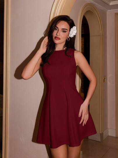 Bris Aura 女士纯色弹性腰部 A 字中长连衣裙，适合优雅场合，秋季